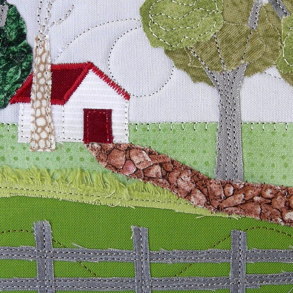 Fabric Postcard, House in the Country Fiber Art, Handmade Quilted Greeting Card, Postcard Art