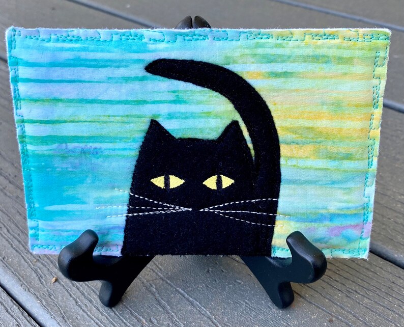 Funny Card Fabric Postcard Quilt Art Housewarming Gift Cat Lover Gift Dad Gift Greeting Card Black Cat Mom Gift image 4