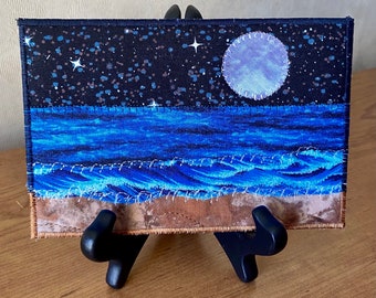 Ocean Moon Landscape - Rustic Art - Quilted Postcard - Serene Landscape - Fabric Art - Home Decor - Fabric Postcard - Moon Over the Ocean