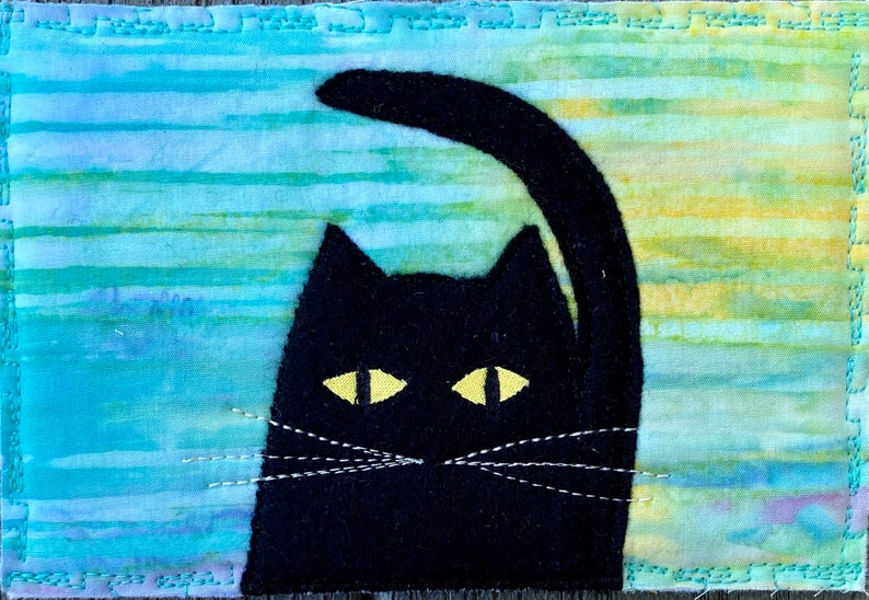 Funny Card Fabric Postcard Quilt Art Housewarming Gift Cat Lover Gift Dad Gift Greeting Card Black Cat Mom Gift image 2