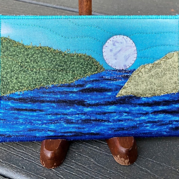 Moon Landscape - Rustic Art - Quilted Postcard - Serene Landscape - Fabric Art - Home Decor - Fabric Postcard - Moon Over the Lake