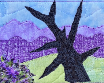 Fabric Postcard - Quilted Art - Mountain Landscape - Purple Mountains - Vacation Memory - Mom Gift - Hostess Gift - Purple Lover