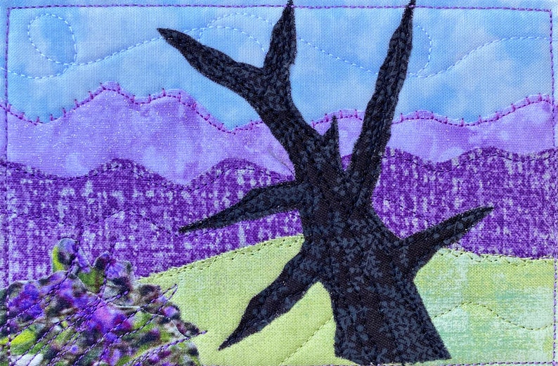 Fabric Postcard Quilted Art Mountain Landscape Purple Mountains Vacation Memory Mom Gift Hostess Gift Purple Lover image 1