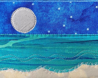 Moon Over the Ocean - Ocean Moon Landscape - Rustic Art - Quilted Postcard - Serene Landscape - Fabric Art - Home Decor - Fabric Postcard