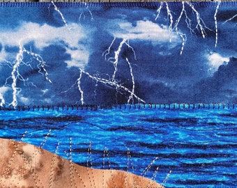 Beach Thunderstorm Fabric Postcard - Quilt Landscape Art - Outdoor Landscape - Hostess Gift - Dad Gift - Home Decor - Nature Landscape