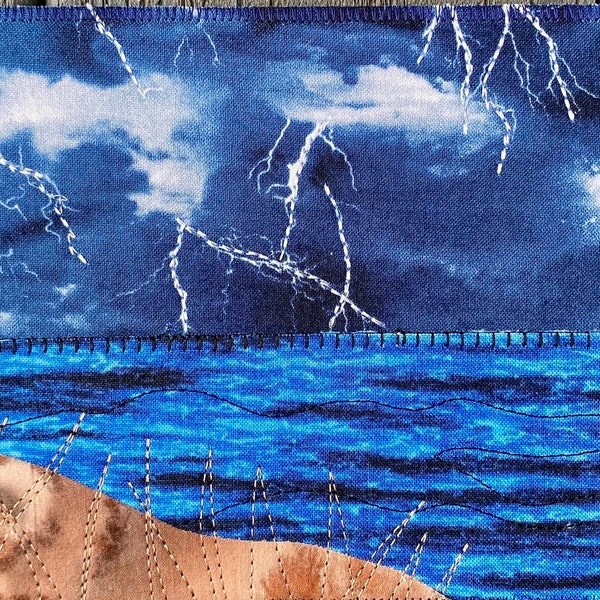 Beach Thunderstorm Fabric Postcard - Quilt Landscape Art - Outdoor Landscape - Hostess Gift - Dad Gift - Home Decor - Nature Landscape