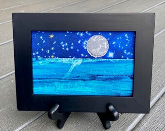 Moon and Ocean Fabric Art - Ocean Moon Landscape - Rustic Art - Quilted Postcard - Serene Landscape - Home Decor - Fabric Postcard