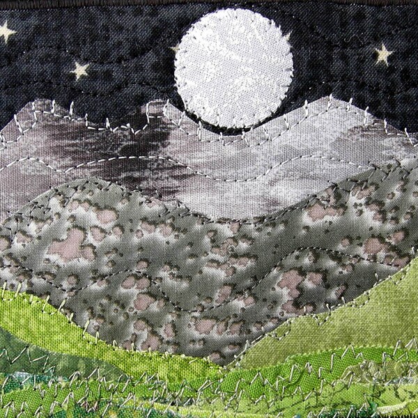 Fabric Postcard Quilted Greeting Card Postcard Art,Landscape Art, Outdoor Landscape, Nature Art, Quilt Postcard Romantic Evening Moon