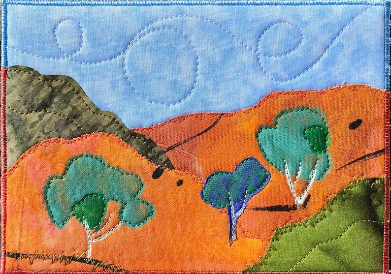 Fall Mountain Fabric Postcard Quilt Landscape Art Outdoor Landscape Hostess Gift Dad Gift Home Decor Peaceful Landscape image 1