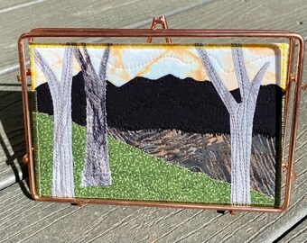 Mountain Stream Landscape Art- Sunset Quilt Art - Dad Gift - Travel Keepsake - Hostess Gift - Fabric Postcard -  Vacation Memory