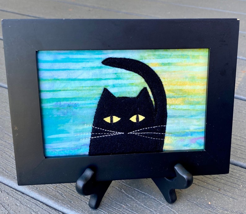 Funny Card Fabric Postcard Quilt Art Housewarming Gift Cat Lover Gift Dad Gift Greeting Card Black Cat Mom Gift image 6