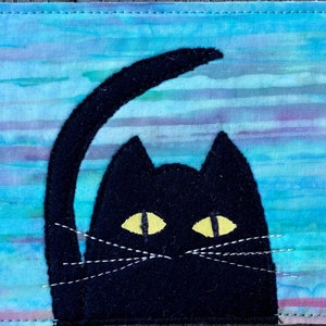 Funny Card Fabric Postcard Quilt Art Housewarming Gift Cat Lover Gift Dad Gift Greeting Card Black Cat Mom Gift image 1