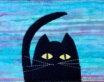 Funny Card - Fabric Postcard - Quilt Art - Housewarming Gift - Cat Lover Gift - Dad Gift - Greeting Card - Black Cat - Mom Gift