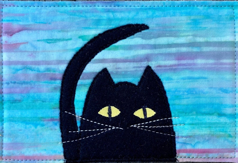 Funny Card Fabric Postcard Quilt Art Housewarming Gift Cat Lover Gift Dad Gift Greeting Card Black Cat Mom Gift image 1