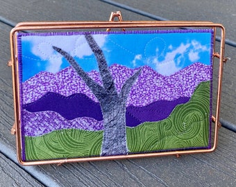 Fabric Postcard - Quilted Art - Mountain Landscape - Purple Mountains - Vacation Memory - Mom Gift - Hostess Gift - Purple Lover