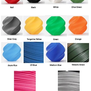 May include: A collection of 14 different colours of filament for 3D printing. The colours include red, black, white, olive green, silver grey, tangerine yellow, green, orange, azure blue, CR blue, medium blue, metallic green, pink, and light grey.