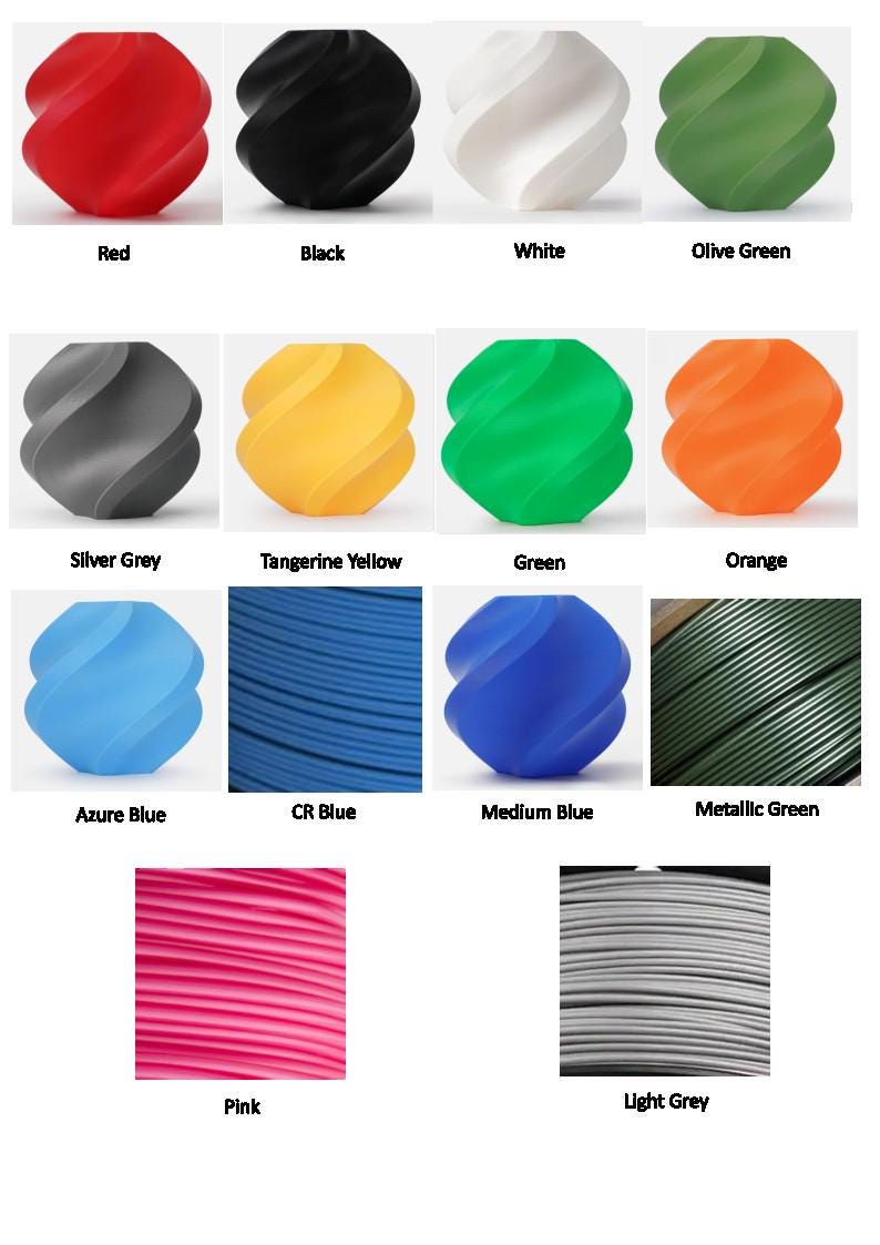 May include: A collection of 14 different colours of filament for 3D printing. The colours include red, black, white, olive green, silver grey, tangerine yellow, green, orange, azure blue, CR blue, medium blue, metallic green, pink, and light grey.