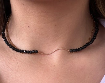 Double row stainless steel necklace and black crystal pearl with gold pendant