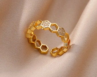 Hexagonal Harmony,  Ring for Women, Stainless Ring, Adjustable Ring, Resizable Ring, Simple Ring, Band Ring, Gold Ring,