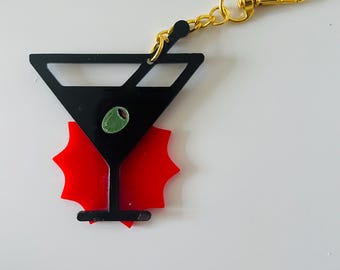 Martini Keychain with olive, charm, purse charm, key charm, acrylic, bag keychain, accessory