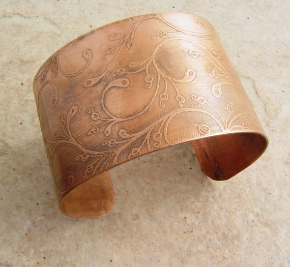 Items similar to Copper Metal Cuff, Etched Lace and Vines, 1.5
