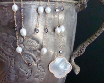 Mother of Pearl Quatrefoil Baroque Pearls White Topaz Mixed Metals Layering Necklace - Mollie V Necklace