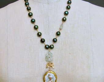 Evergreen Baroque Pearls, Aquamarine & Hand Painted Porcelain Pendant Necklace - Marie’s Folly Necklace