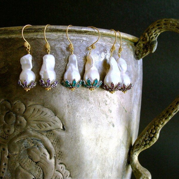 Baroque Flameball Pearl Earrings: Green Onyx & Rhodium Bead Caps