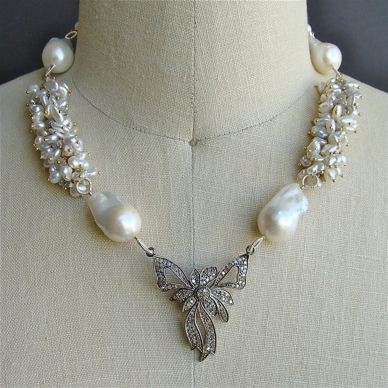 Diamond Bow Necklace Raw Diamonds Keshi & Flameball Pearls Charmaine Necklace image 1