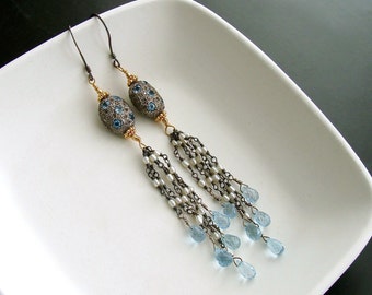 Diamond Pearls Blue Topaz Duster Tassel Earrings - Harmonie Earrings