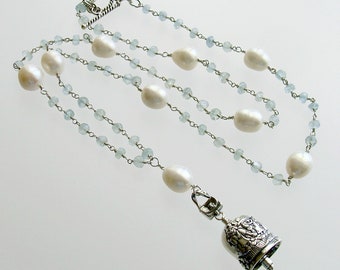 Aquamarine Pearl Sterling Silver “Sisters” Bell Pendant Necklace  - “Sisters” Bell Necklace