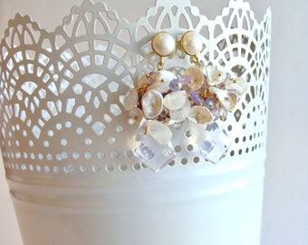 Lavender Moon Quartz Scorolite Kite Cut Cluster Earrings Tanzanite Moonstone Amethyst Keshi Pearls - Isabelle Earrings