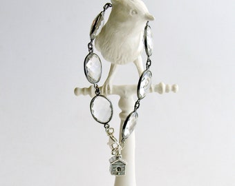 Rock Crystal Sterling Silver Birdhouse Bell Charm Bracelet - Birdhouse Bell Charm