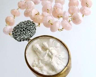 Pink Morganite Filigree Clasp With French Meerschaum Reliquary Ex Voto Pendant - Madonna Necklace