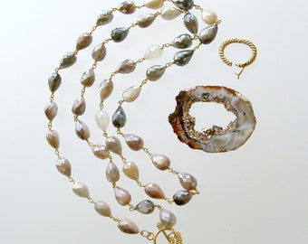 Champagne Moonstone Necklace with Detachable Geode Slice Pendant - Coco Necklace