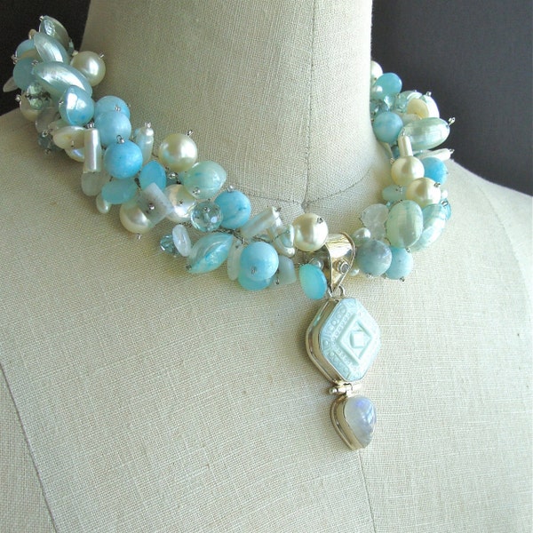 Reserved Layaway for Elizabeth - Amazonite, Chalcedony, Moonstone and Shell Necklace - Washed Ashore -