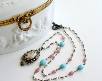 Sleeping Beauty Turquoise Pink Sapphire Pearl Rubies Georgian Porcelain Mourning Locket Necklace - Emiline Necklace