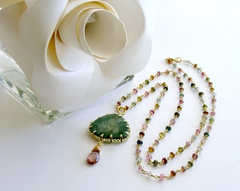 Green Tourmaline Heart Slice With Hand Linked Tourmaline Chain - Laurel Pendant Necklace