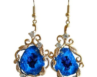 Blueberry Azurite Geodes Diamonds 14k Gold Earrings - Lori Earrings