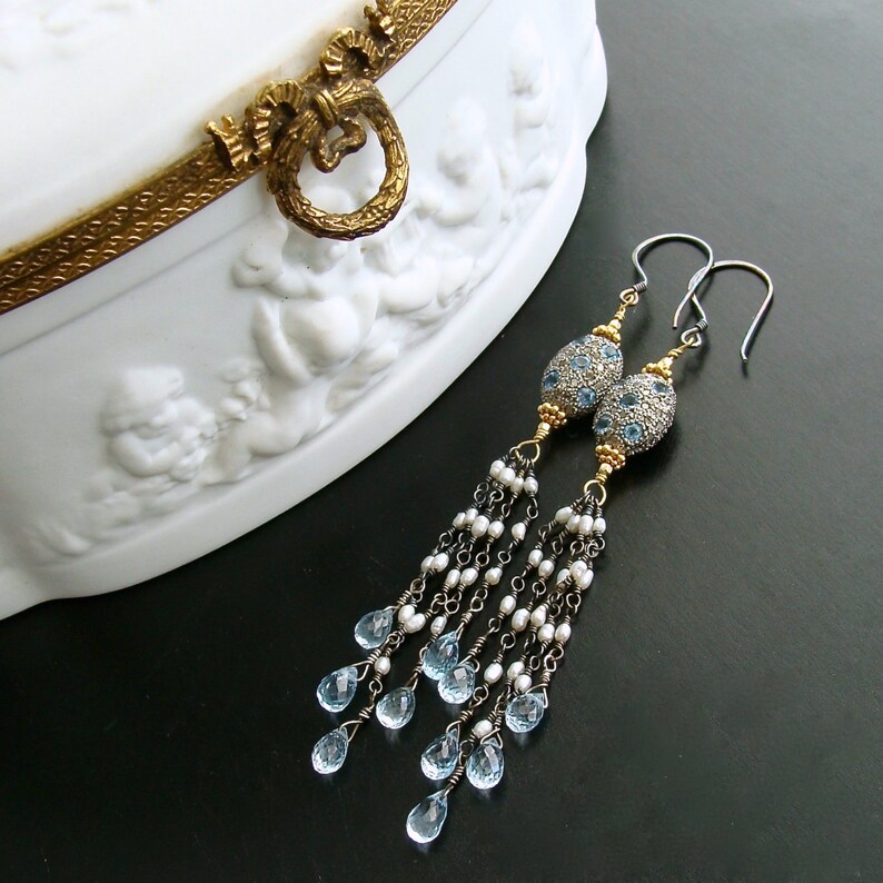 Diamond Pearls Blue Topaz Duster Tassel Earrings - Harmonie Earr Diamond Pearls Blue Topaz Duster Tassel Earrings - Harmonie Earr