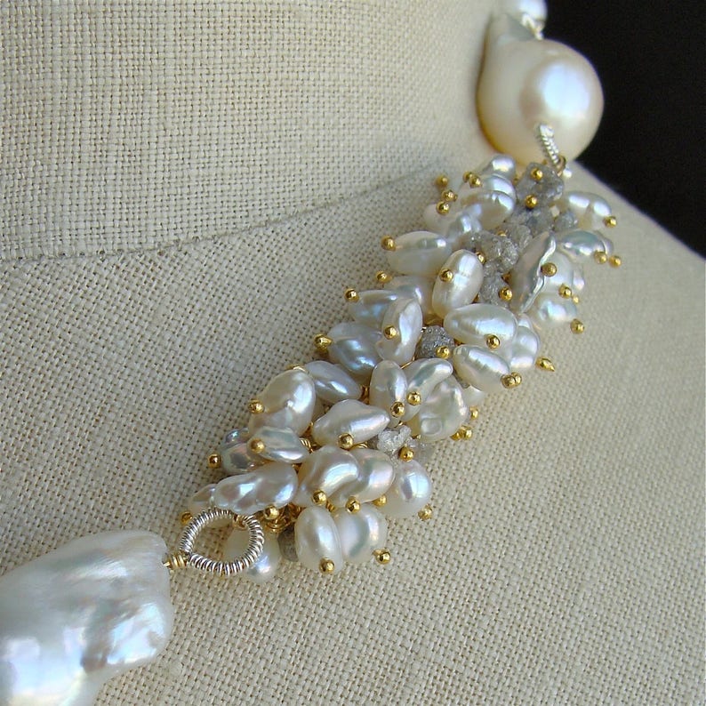 Diamond Bow Necklace Raw Diamonds Keshi & Flameball Pearls Charmaine Necklace image 7