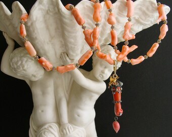 Valentine's Day Necklace - Coral Branch Necklace Removable Hand and Heart Coral Lampwork Figa Pendant - Cordelia Necklace