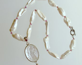 Biwa Pearls & Tourmaline Spacers w/ Intaglio Pendant - Matera III Necklace