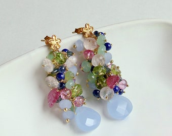 Valentine's Day Earrings - Blue Chalcedony Carved Pk Sapphire Leaves Cluster Earrings - Fleur XI Earrings