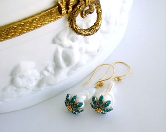 Baroque Flameball Pearls Green Onyx Rhodium Bead Cap Earrings - Chantilly Emerald Green Earrings