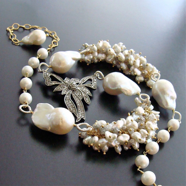 Diamond Bow Necklace Raw Diamonds Keshi & Flameball Pearls Charmaine Necklace image 4