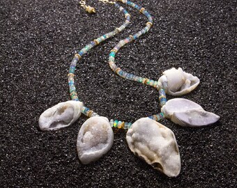 Fossilized Druzy Shells Ethiopian Opals Statement Necklace - Zara Necklace