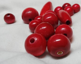 Beads, Wood, Red Orange, 19 assorted sizes and shapes, Round  5/8 to 1 inch, Oval Tube 1 3/4