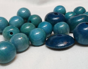 Beads, Wood, Teal Color, 19 shiny beads, assorted shapes and sizes,  Round 1/4 - 3/4 inch and Saucer Shaped 1 inch