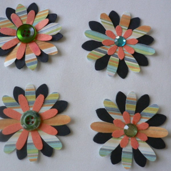 Four (4) Handmade Triple Layered Daisy Shaped Flower Punch Outs for Scrap Booking, Cardmaking